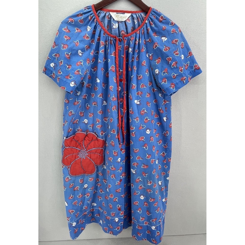 Muumuu Dress Komar Large Blue Floral 70s Lounge Wear Pocket VTG No Size Tag